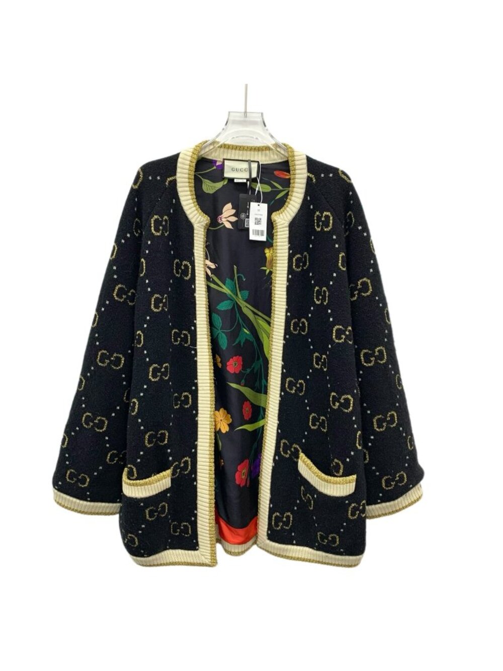 Gucci Black Logo Jacquard Wool Knit Cardigan
